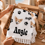 Personalised Face Photo Paw Print Heart Oversized Quick Dry Tassel Beach Towel with Name Summer Holiday Beach Party Birthday Gift for Family Friends