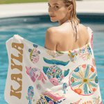 Personalized Watercolor Style Marine Life Oversized Quick Dry Beach Towel with Name and Drawstring Bag Vacation Birthday Gift for Family Friends