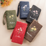 Personalized Star Moon Birth Flower Tri-Fold PU Leather Wristlet Wallet with Card Holder and Name Daily Use Birthday Anniversary Gift for Women