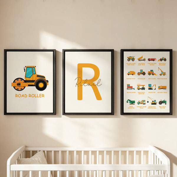 Personalised Colourful Construction Lorry 3-Piece Framed Canvas Prints with Name and Initial Bedroom Decor Birthday Gift for Kid