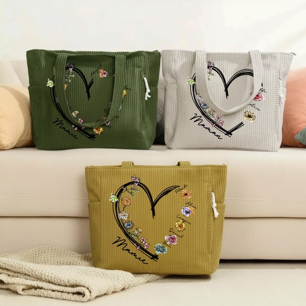 Sac fourre-tout en velours côtelé personnalisé avec nom et fleur de naissance - Cadeau d'utilisation quotidienne voyage pour les femmes