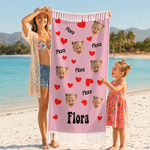 Personalised Face Photo Paw Print Heart Oversized Quick Dry Tassel Beach Towel with Name Summer Holiday Beach Party Birthday Gift for Family Friends