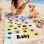 Personalised Face Photo Paw Print Heart Oversized Quick Dry Tassel Beach Towel with Name Summer Holiday Beach Party Birthday Gift for Family Friends