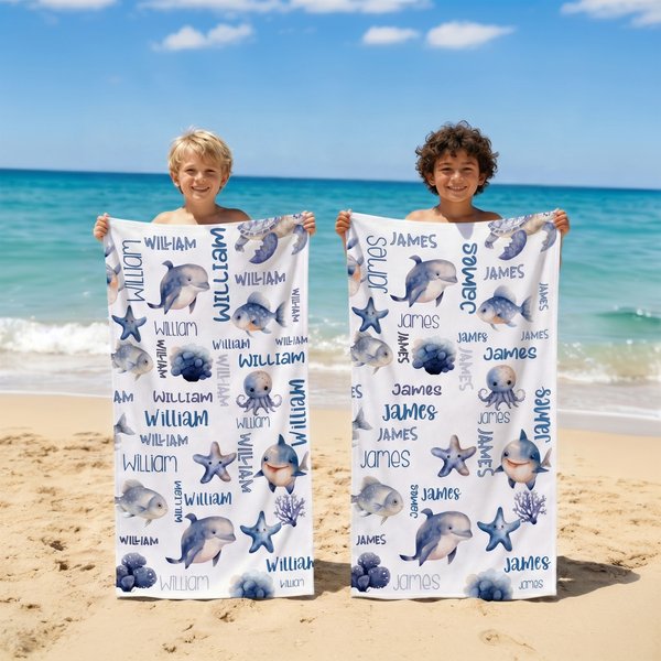 Serviette de plage surdimensionnée à séchage rapide avec nom Créatures de l'océan requin Accessoires de plage pour les vacances d'été Cadeau d'anniversaire pour les enfants