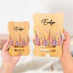 Support pour téléphone portable et iPad en bois de bambou avec nom Cadeau d'anniversaire pour femmes