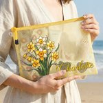 Personalised Birth Flower Transparent Mesh Beach Bag with Name Travel Essential Beach Party Birthday Gift for Women Girls
