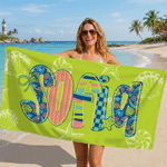 Personalised Doodle Letter Ocean Elements Quick Dry Oversized Beach Towel with Name Beach Party Summer Holiday Birthday Gift for Woman Girl