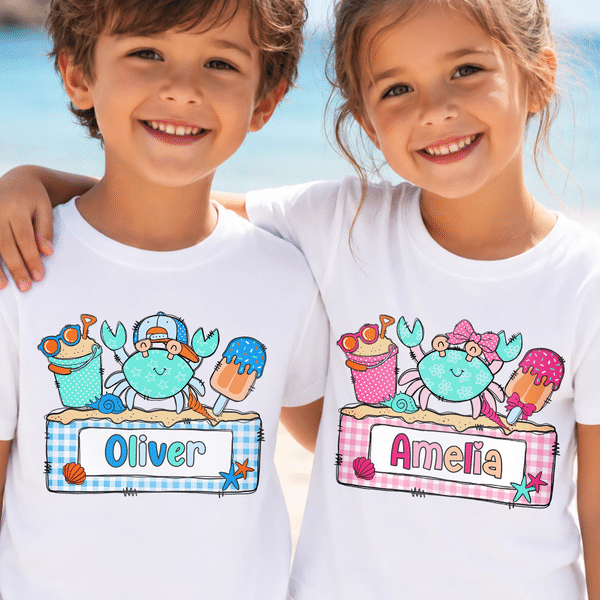 Personalized Cartoon Summer Beach Crab 100% Cotton Kid T-shirt with Name Summer Wear Holiday Birthday Back to School Gift for Kids Boys Girls
