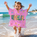 Personalized Doodle Letter Shell Crab Starfish Quick Dry Hooded Beach Towel with Name Beach Party Summer Vacation Birthday Gift for Kids