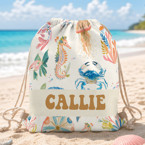 Personalised Cartoon Ocean Animals Watercolour Style Drawstring Beach Backpack with Name Beach Party Birthday Gift for Girl Boy Adult