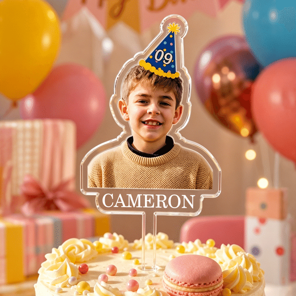 Personalized Birthday Hat Photo Acrylic Cake Topper with Number and Name Birthday Party Gift for Friend Family