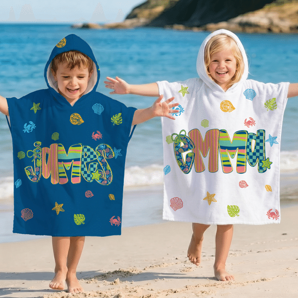 Personalized Doodle Letter Shell Crab Starfish Quick Dry Hooded Beach Towel with Name Beach Party Summer Vacation Birthday Gift for Kids