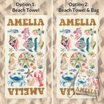 Personalized Watercolor Style Marine Life Oversized Quick Dry Beach Towel with Name and Drawstring Bag Vacation Birthday Gift for Family Friends