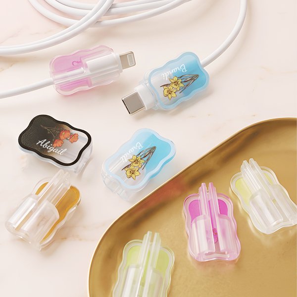 Personalised Multicolor Birth Flower Set of Cable Protector with Name Compatible iPhone Type-C Phone Accessory Birthday Gift for Family Friends