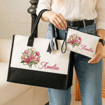 Personalised Birth Flower Large Capacity Makeup Bag Tote Bag with Name Daily Use Anniversary Birthday Gift for Mother Woman