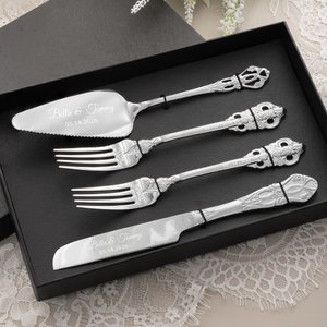 Personalised Vintage Cake Forks Knife Server Cutting Set with Names Date and Box Wedding Engagement Anniversary Gift for Couple Newlyweds
