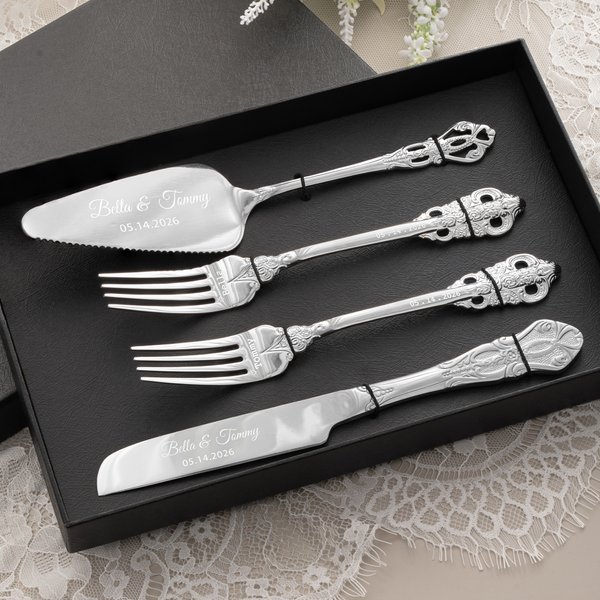 Personalized Vintage Cake Forks Knife Server Cutting Set with Names Date and Box Wedding Engagement Anniversary Gift for Couple Newlyweds