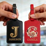 Personalised Pearl Rose Gilded Initial PU Leather Passport Holder Luggage Tag Set with Name Travel Accessories Birthday Gift for Travel Lovers