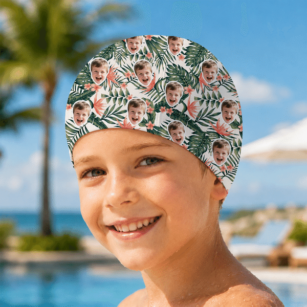 Personalized Hawaii Style Flower Leaf Face Photo Comfortable Swim Cap Swimming Accessory Birthday Pool Party Gift for Family