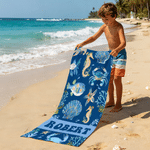 Personalized Cartoon Ocean Animals Quick Dry Oversized Microfiber Beach Towel with Name and Drawstring Bag Beach Party Birthday Gift for Kid Adult