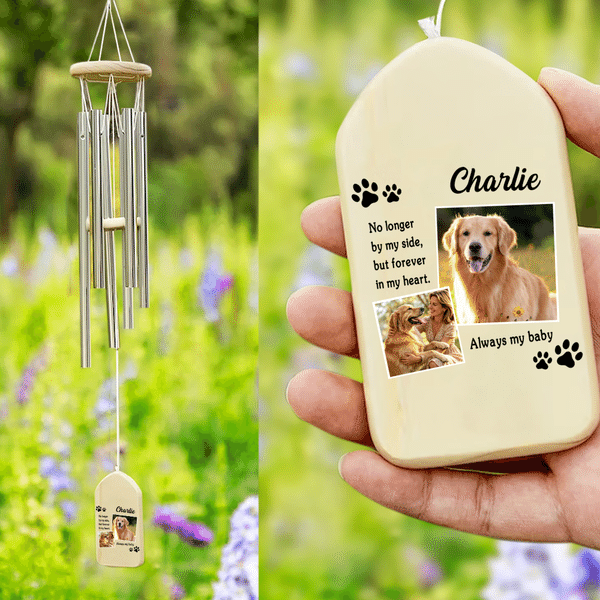 Carillón de viento de madera personalizado con nombre y texto, 2 fotos, simpatía por la pérdida de una mascota.