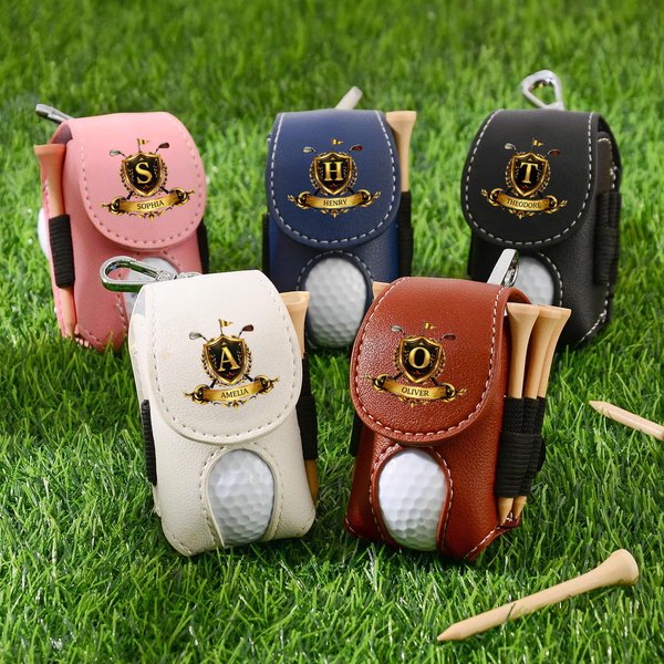 Personalised Golden Golf Badge Initial PU Leather Golf Ball Bag Tee Holder with Name Golf Club Birthday Gift for Golf Lovers
