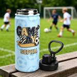 Personlig fotballkampdag målflagg 12 oz 18 oz isolert vannflaske med håndtak navn og år bursdagsgave til fotballspillerelsker
