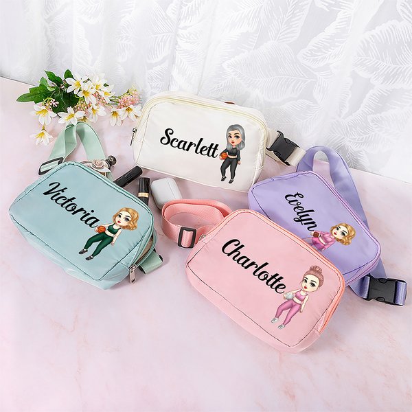 Personlig tegneserie sport jente navn vanntett Crossbody Fanny Pack midjeveske med justerbar stropp for trening løping bursdagsgave til kvinner