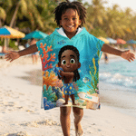 Personalised Cartoon Kid Character Ocean Theme Quick Dry Hooded Beach Towel with Name Beach Party Summer Vacation Birthday Gift for Kids