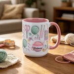 Personalised Yarn Crochet Hook Scissors Knitted Pattern Ceramic Mug with Coaster and Name Birthday Anniversary Gift for Women Knitting Lover