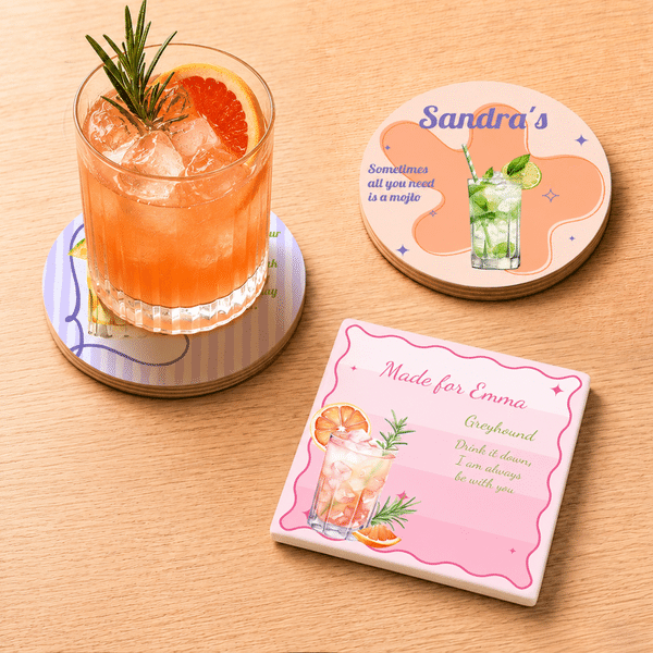 Personalized Watercolour Cocktail Highly Absorbent Coaster with Text and Name Daily Use Vacation Birthday Gift for Woman Man Cocktail Lover