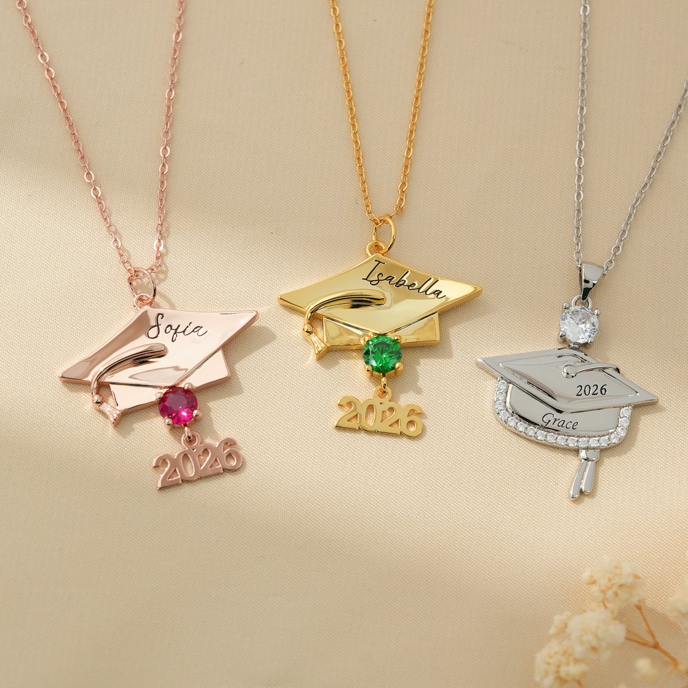 Personalised Dainty Graduation Cap Birthstone Necklace with Engraved Name and Year Graduation Birthday Gift for Graduates 3