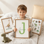 Personalised Dinosaur 3-Piece Split Canvas Prints with Name and Initial Bedroom Decor Ship from USA Birthday Gift for Children Dinosaur Lovers