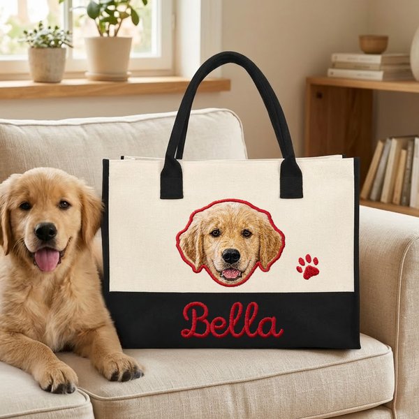 Personalized Cute Pet Portrait Paw Print Canvas Tote Bag with Name Daily Use Birthday Gift for Pet Owner Lover Parent