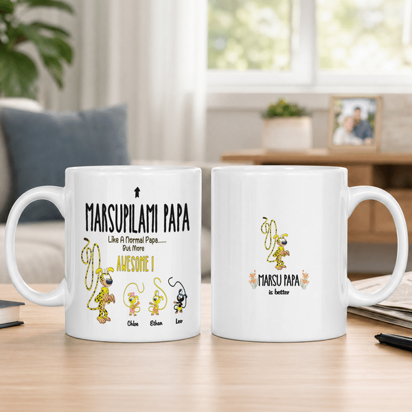 Personalised Long-Tailed Leopard Marsupilami Papa 11 oz 15 oz Ceramic Mug with Names Father's Day Birthday Gift for Dad Kid | Callie × Marsupilami®