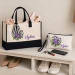 Personalised Birth Flower Large Capacity Makeup Bag Tote Bag with Name Daily Use Anniversary Birthday Gift for Mother Woman