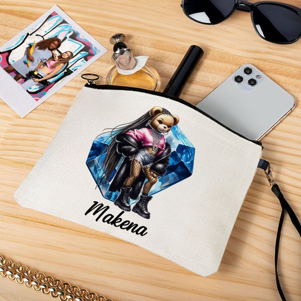 Personalized Hip-Hop Girl Teddy Bear Birthstone Design Makeup Bag with Name and Wrist Strap Birthday Gift for Black Queen Hip-Hop Lovers