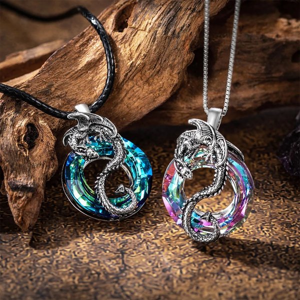 Personalisierte Drachen Halskette mit Kristall-Karma-Kreis | aus Sterlingsilber | mit Gravur | Fantasy Schmuck | Geburtstag Geschenk für Männer Frauen