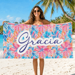 Personalised Floral Tropical Pattern Quick Drying Soft Beach Towel with Name Vacation Birthday Gift for Girl