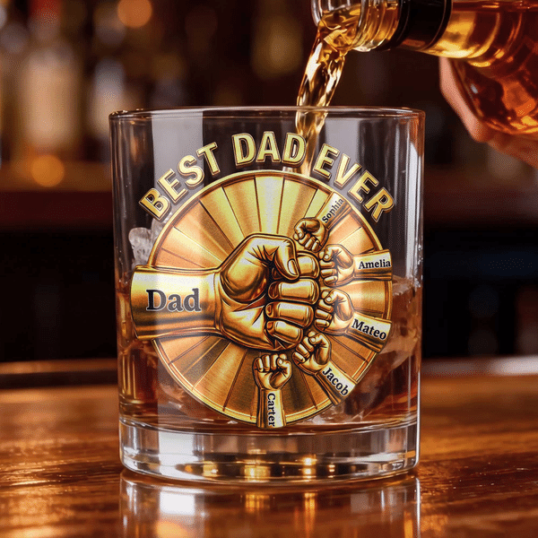 Personalized Best Dad Ever Fist Bump Design 10 oz Rock Whiskey Glass with 1-12 Names Father's Day Birthday Anniversary Gift for Dad Grandpa