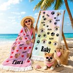 Personalised Face Photo Paw Print Heart Oversized Quick Dry Tassel Beach Towel with Name Summer Holiday Beach Party Birthday Gift for Family Friends
