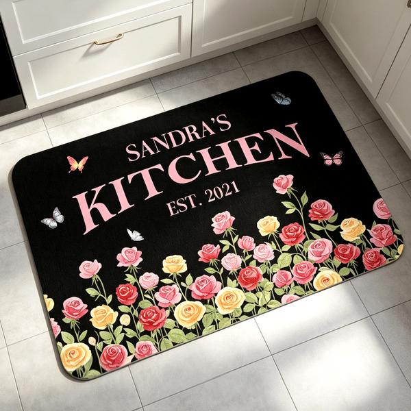 Personalized Birth Flower Kitchen  Butterfly Design Anti-Slip Doormat with Text Home Decor Birthday Gift for Women