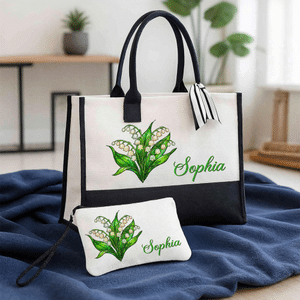 Personalised Birth Flower Large Capacity Makeup Bag Tote Bag with Name Daily Use Anniversary Birthday Gift for Mother Woman