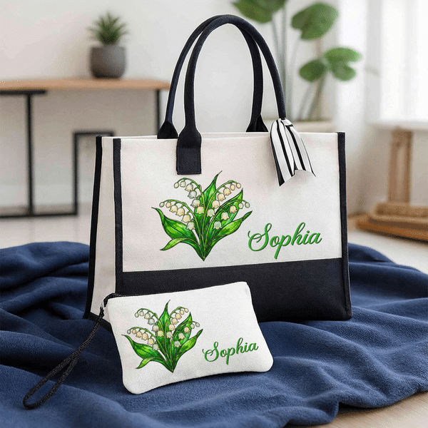 Personalized Birth Flower Large Capacity Makeup Bag Tote Bag with Name Daily Use Anniversary Birthday Gift for Mother Friend