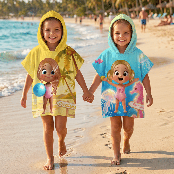 Personalized Cartoon Kid Character Ocean Theme Quick Dry Hooded Beach Towel with Name Beach Party Summer Vacation Birthday Gift for Kids