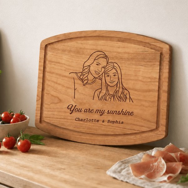 Personalized Line Art Photo Design Curved Charcuterie Cutting Board with Text and Juice Groove Kitchen Family Gift for Best Friend Family