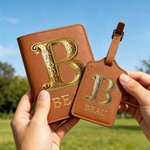 Personalised Pearl Rose Gilded Initial PU Leather Passport Holder Luggage Tag Set with Name Travel Accessories Birthday Gift for Travel Lovers