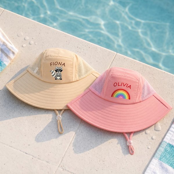 Personalised Cute Cartoon Pattern Breathable Large Brim Kids Sun Hat with Embroidered Name Summer Beach Vacation Gift for Boys Girls