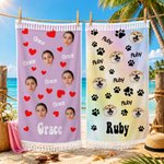 Personalised Face Photo Paw Print Heart Oversized Quick Dry Tassel Beach Towel with Name Summer Holiday Beach Party Birthday Gift for Family Friends