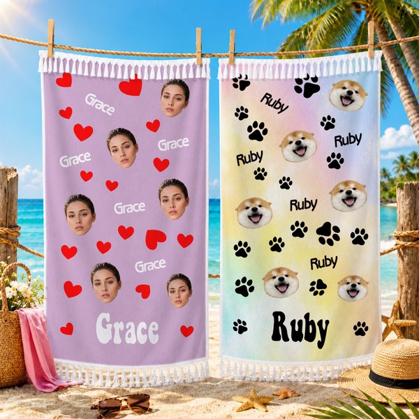 Personalised Face Photo Paw Print Heart Oversized Quick Dry Tassel Beach Towel with Name Summer Holiday Beach Party Birthday Gift for Family Friends